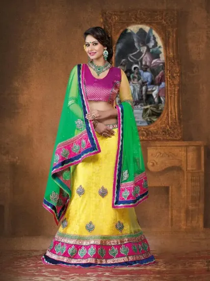 Picture of a line lehenga,ghagra choli and yellowchaniya choli,cho