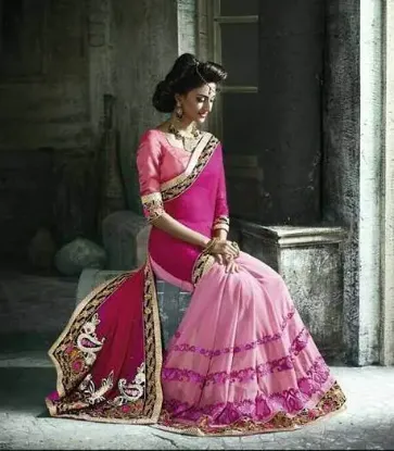 Picture of embroidered art silk lehenga coral pink bridal wedding 