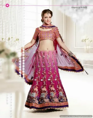 Picture of india bollywood design wedding cream & pink net laheng,