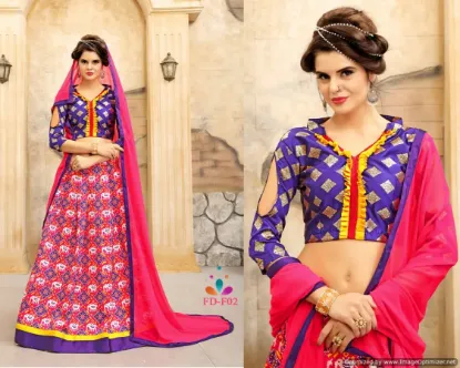 Picture of pale yellow and pink cowl drape blouse with lehenga ski