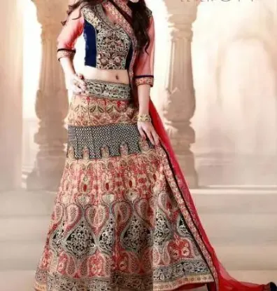 Picture of party wear lehenga on rent in mumbai,blue and red velve