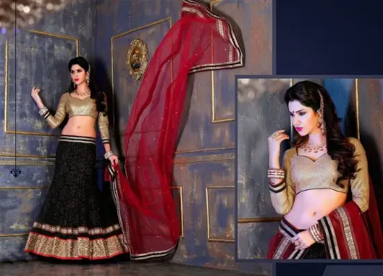 Picture of pastle green embroidered blouse and dusty rose lehenga,