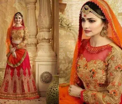 Picture of pink and orange bridal lehenga,lehenga choli tutorialch