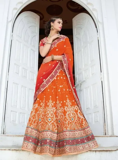 Picture of yellow floral embroidered lehenga with ivory shoulder ,