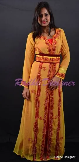 Picture of Full Length Party Wear Maghribi Kaftan With Unique Embr