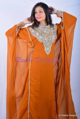 Picture of moroccan maroon georgette kaftan gold embroidery dubai 