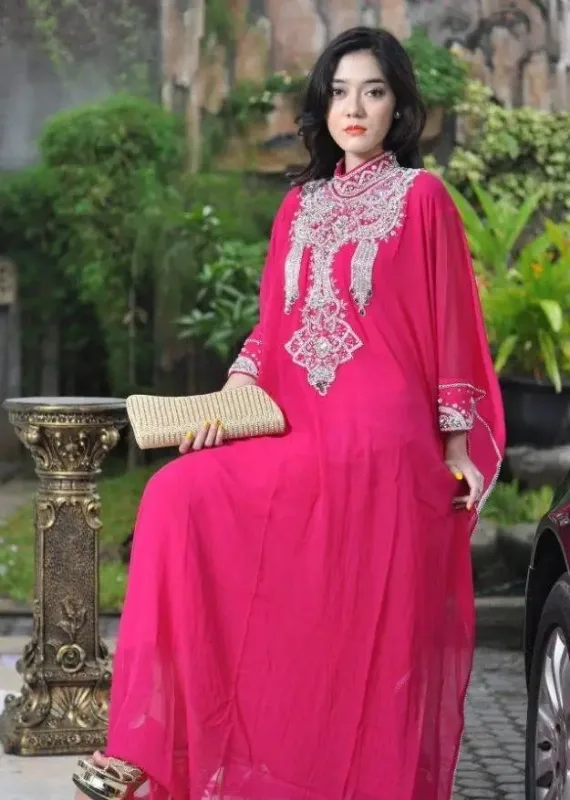 Picture of Yellow Georgette Moroccan Kaftan Dress for Women