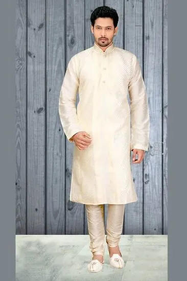 Picture of admirable beige brocade silk indian wedding sherwani fo