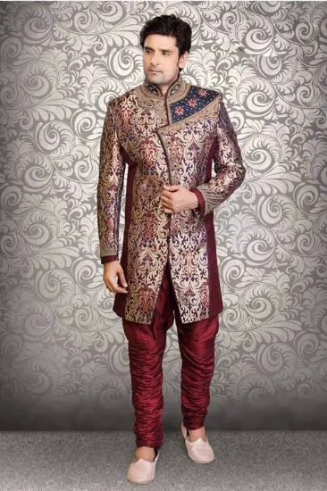 Picture of fancy red wine ghicha silk indian wedding sherwani for 