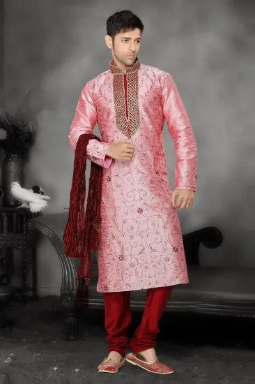 Picture of cream cottan brocade silk indian wedding indowestern sh