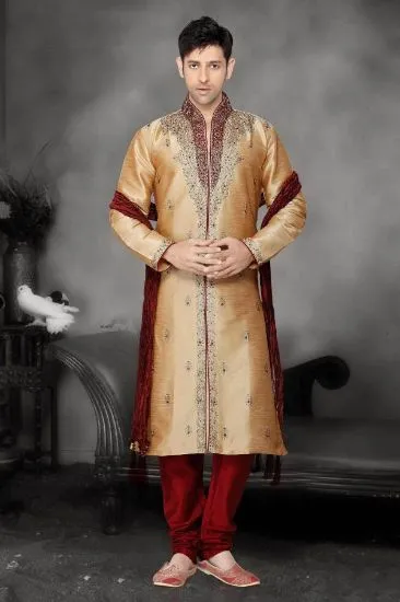 Picture of cream fabric silk indian wedding indowestern sherwani f