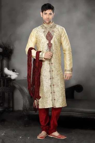 Picture of cream silk traditional indian wedding indowestern sherw