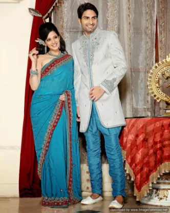 Picture of ethnic off white jacquard silk indian wedding sherwani 