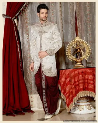 Picture of fancy butter cream jacquard silk indian wedding sherwan