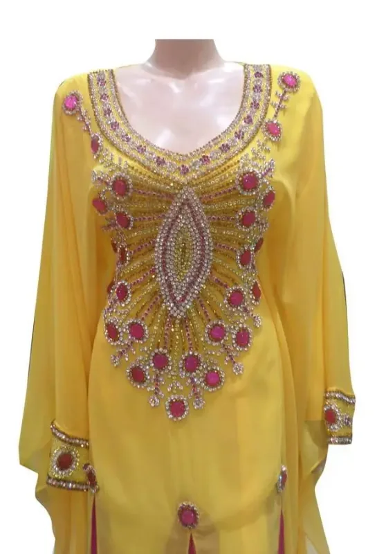 Picture of Evening Yellow Georgette Dubai Modern Kaftan for Women