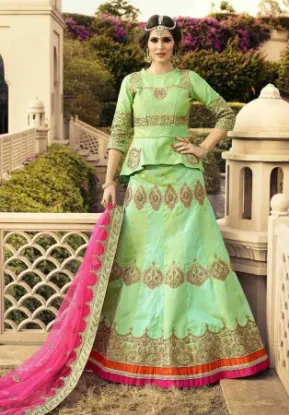 Picture of embroidered art silk lehenga coral pink bridal wedding 