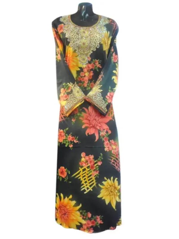 Picture of Black Georgette Kaftan Dress for Women - Foil Print Festive Party Look