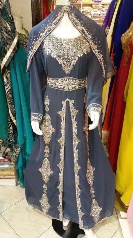 Picture of Black Georgette Kaftan Dress for Women - Bordered Graceful A Line Style