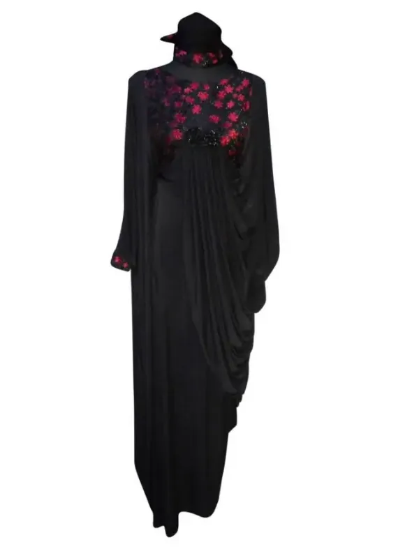 Picture of Black Georgette Kaftan Dress for Women - Mirror Work Evening Wear Look