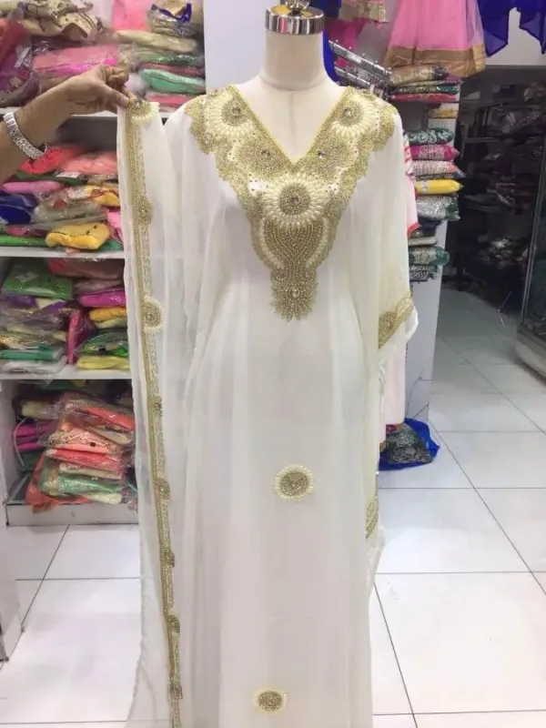 Picture of White Georgette Kaftan Dress for Women - Layered Longline Flowing Style