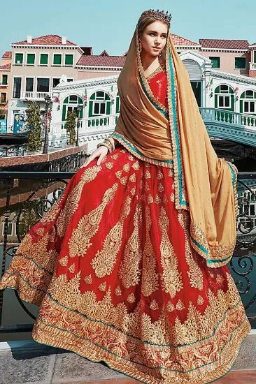 Picture of red bridal indian pakistani designer satin lehenga chol