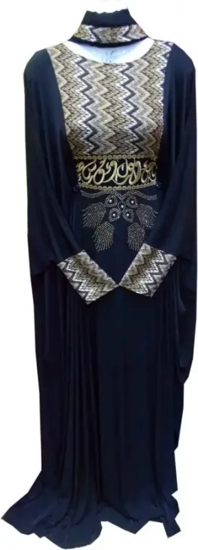 Picture of Black Georgette Modest Dress for Women - Abstract Print Decorative Trim Style