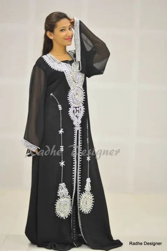 Picture of White Cotton Kaftan Dress for Women - Stone Work Graceful Party Look