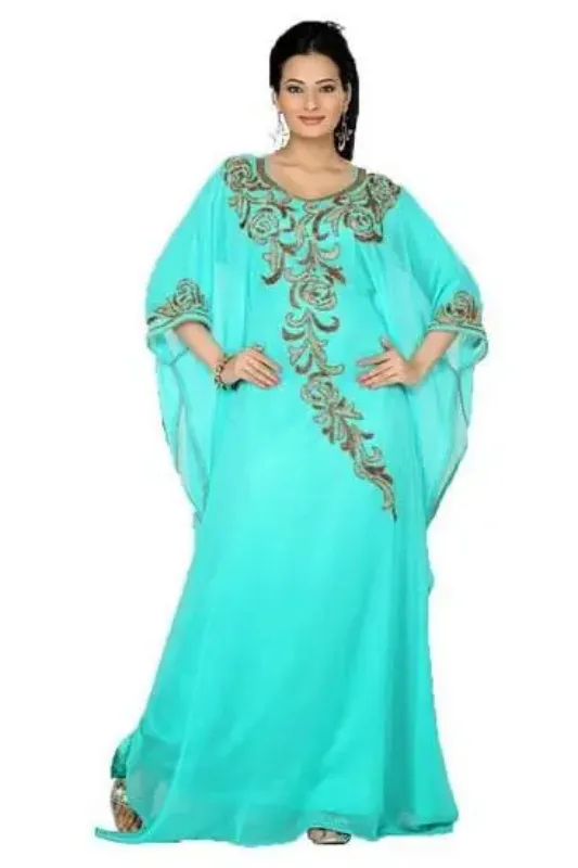 Picture of Multicolor Georgette Kaftan Dress for Women - Floral Gathered Waist Style