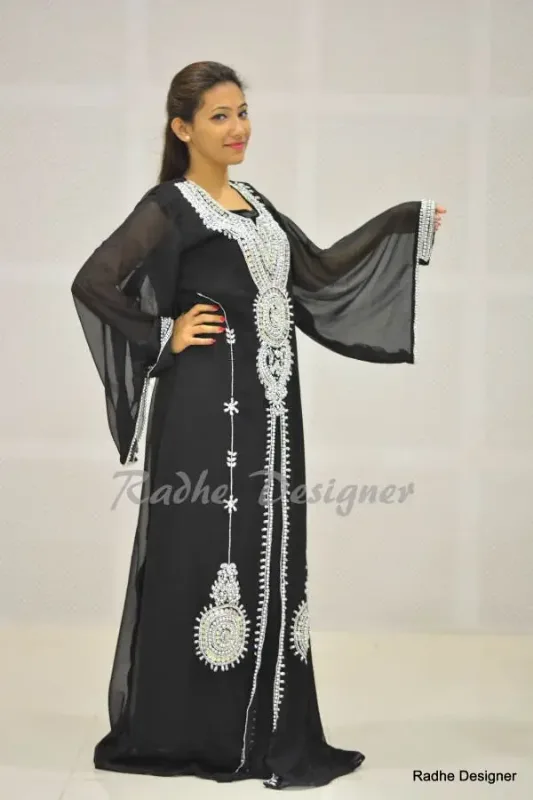 Picture of Black Georgette Kaftan Dress for Women - Stone Work Festive Party Look