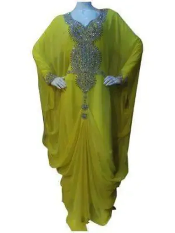 Picture of Yellow Georgette Modest Dress for Women - Mirror Work Formal Occasion Style
