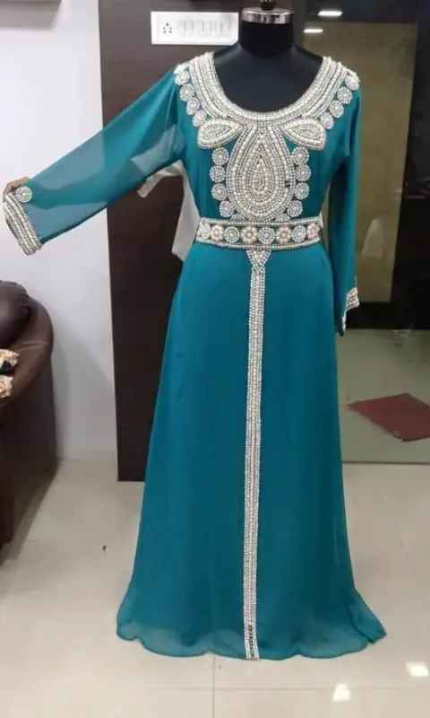 Picture of White Georgette Farasha Dress for Women - Sequined Premium Occasion Look