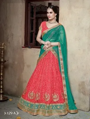 Picture of blue bollywood indian wedding designer silk bridal leh,