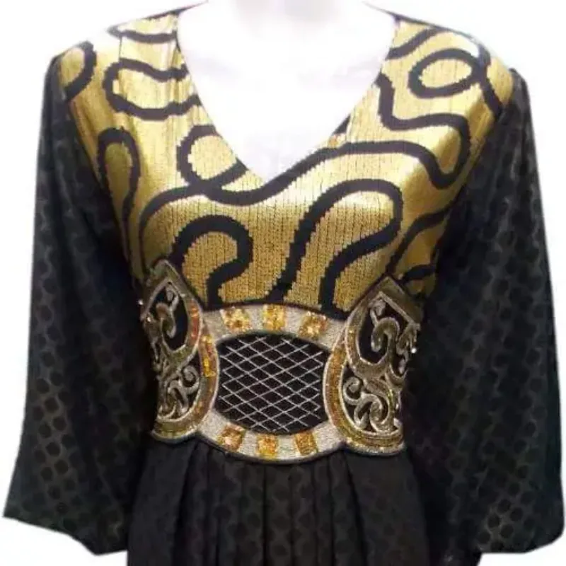 Picture of Yellow Georgette Modest Dress for Women - Foil Print Elegant Occasion Style