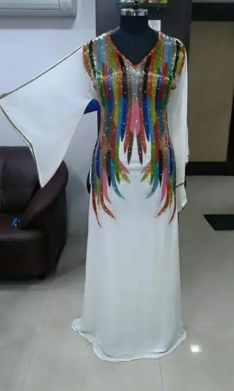 Picture of White Georgette Farasha Dress for Women - Floral Longline Flowing Style