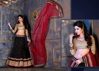 Picture of pastle green embroidered blouse and dusty rose lehenga,