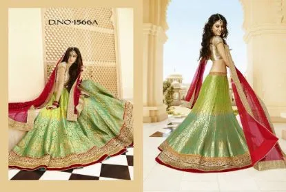 Picture of pale yellow and pink cowl drape blouse with lehenga sk,