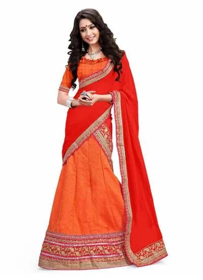 Picture of Bemberg Crush Party Wear Sari Bollywood Orange Red Desi
