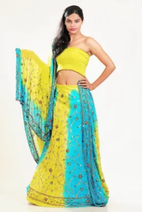 Picture of green color modest maxi gown designer gergette saree fu
