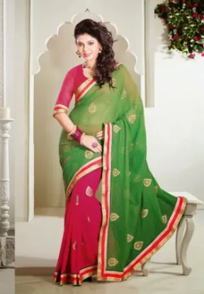 Picture of green indian fancy work grand soft silk grand pallu sar