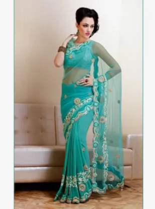 Picture of cotton blend fancy latest designer resham sari zari wor