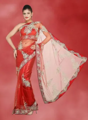 Picture of designer pink peach printed border bollywood sari georg