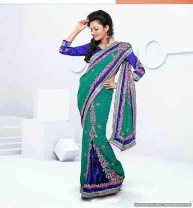Picture of green bollywood designer tusser silk saree partywear sa