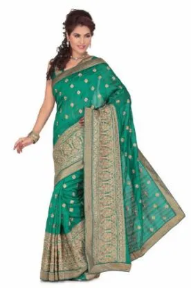 Picture of green pure cotton silk saree festive wear indian tradit