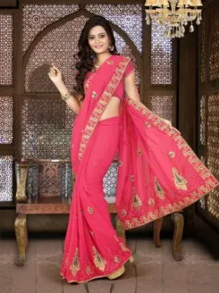 Picture of indian ethnic embroidered satin chiffon pink bollywood 