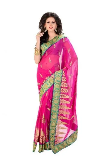 Picture of deep pink wedding bollywood sequin embroidery sari sare