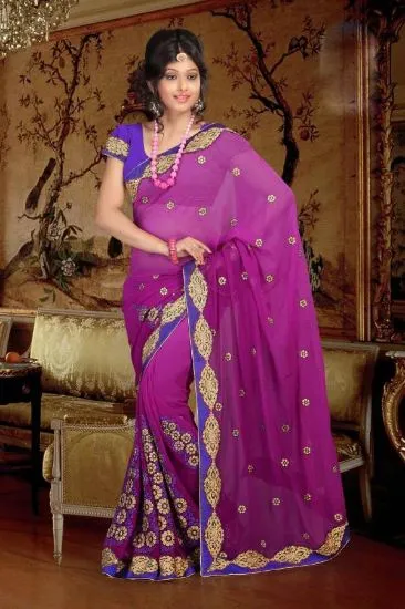 Picture of designer ethnic stylesh sari orange and green satin ban