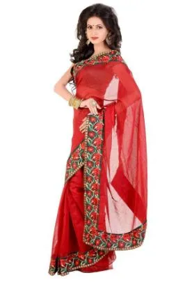 Picture of indian red handmade saree pure silk floral print batik 