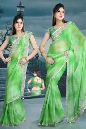 Picture of indian saree pure silk nice printed handmade green sari