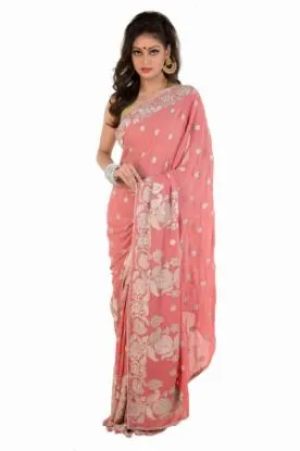 Picture of indian handmade paisley printed beige crepe silk saree 