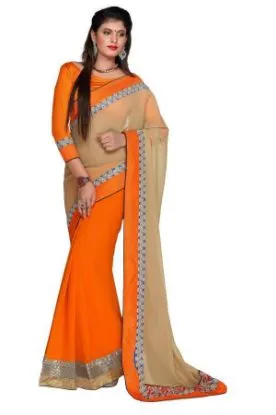 Picture of mustard indian georgette zari border sari designer emb,
